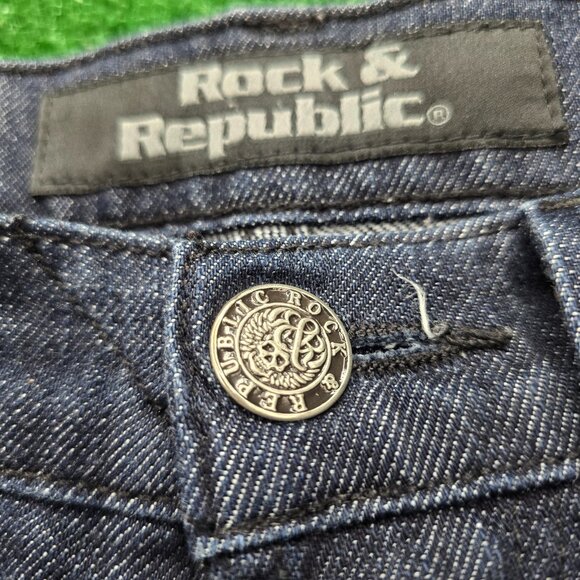 Rock & Republic Jeans Mens 33x34 Blue Denim Straight Leg Dark Wash Button Fly - Picture 4 of 14